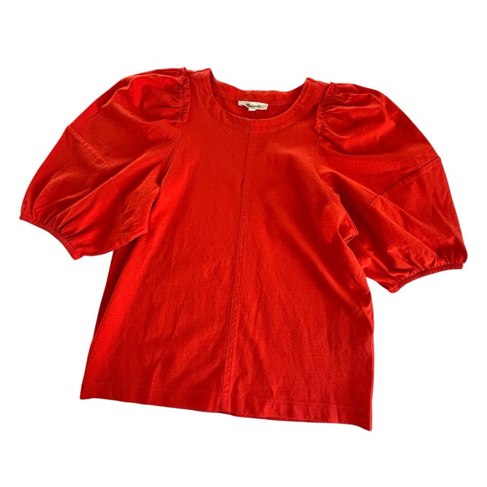 Madewell Puff Sleeve Cotton Crewneck Tee Shirt Bright Flame Women's Size XS NWT